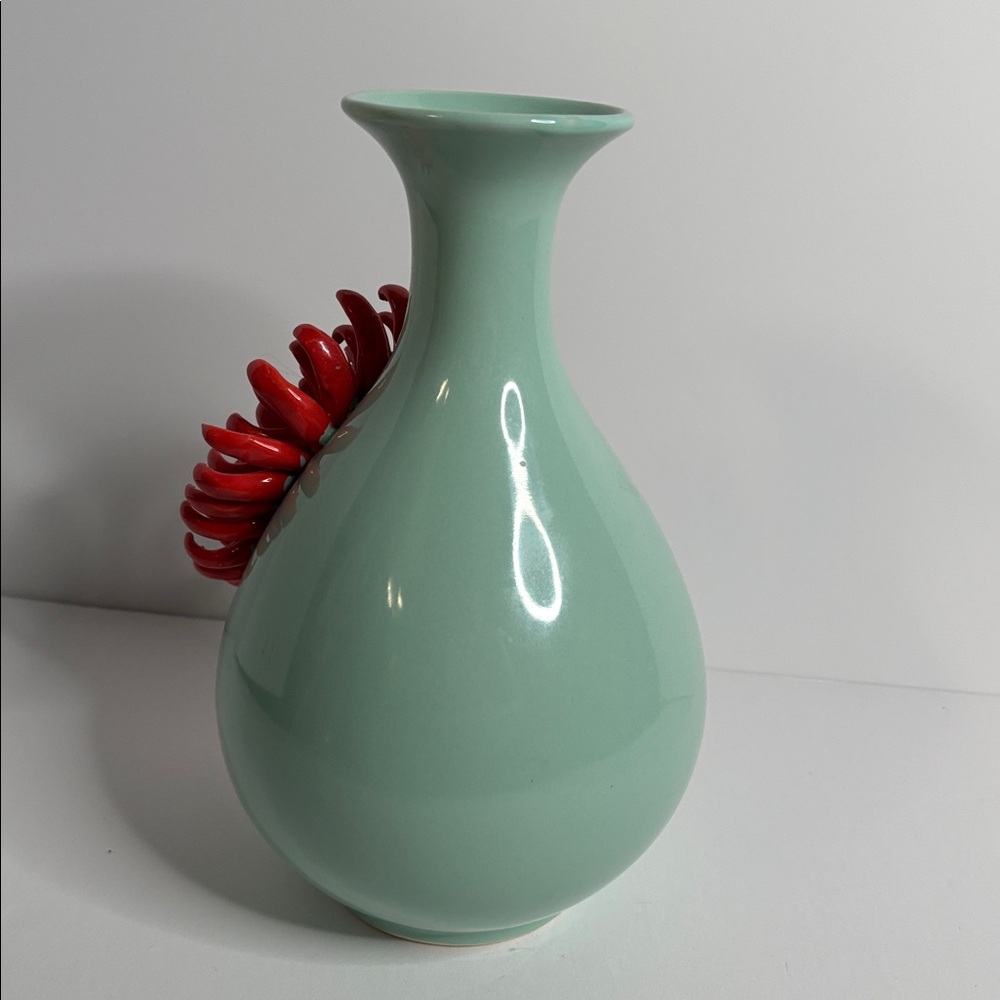 Anthropologie 3D Applied Chrysanthemum Vase Light Blue & Coral (approx 9.25โ) - Picture 5 of 16